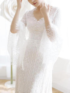 Unique V Neck Lace-up Mermaid Back Bridal Dresses Ivory Lace Trumpet Sleeve Wedding Dresses SJS15469