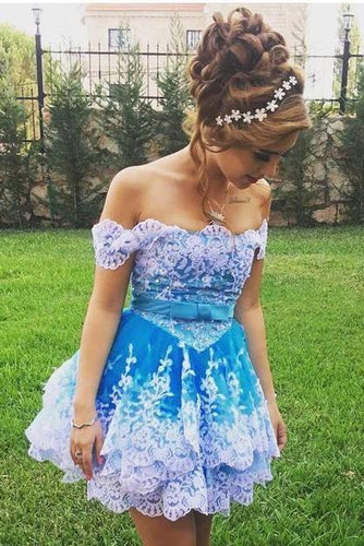 Cute Off the Shoulder Blue Lace Appliques Short Prom Gowns, Cute Homecoming Dresses SJS15135
