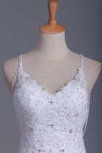 Load image into Gallery viewer, Mermaid Spaghetti Straps Open Back Tulle With Applique And Beads Wedding Dresses