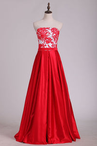 New Arrival Strapless With Applique A Line Satin Evening Dresses Floor Length