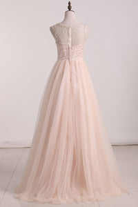 New Arrival Scoop Beaded Bodice Prom Dresses Tulle A Line