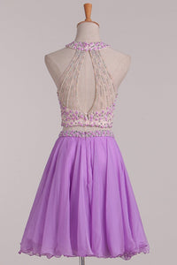 Two-Piece Halter Open Back Homecoming  Dresses Beaded Bodice Chiffon A Line