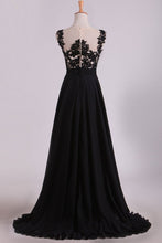 Load image into Gallery viewer, Cap Sleeves Prom Dresses Scoop Floor Length Chiffon With Applique