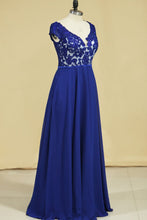 Load image into Gallery viewer, V Neck Prom Dresses Cap Sleeves Chiffon With Applique Open Back