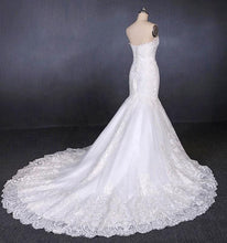 Load image into Gallery viewer, Charming Strapless Sweetheart Mermaid Lace Appliques White Wedding Dresses SJS15128