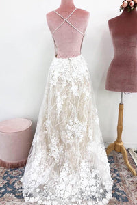 Unique Spaghetti Straps Lace Appliques V Neck Wedding Dresses, Long Wedding Gowns SJS15466