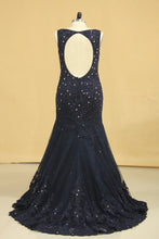 Load image into Gallery viewer, Plus Size See-Through Prom Dresses Scoop Mermaid Tulle With Applique And Beading Black