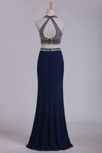 Load image into Gallery viewer, Prom Dresses Open Back Halter Two-Piece Sheath Spandex &amp; Tulle With Beading