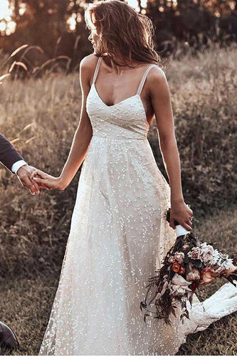 Rustic A Line Lace Backless Spaghetti Straps Wedding Dresses, V Neck Bridal Dress SJS15591