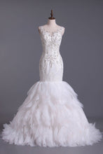 Load image into Gallery viewer, Wedding Dresses Bateau Mermaid Tulle With Applique &amp; Beads