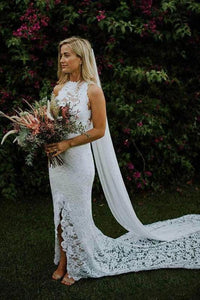 Charming Sheath Lace Bridal Gown with Slit Open Back Ivory Boho Wedding Dresses SJS15124