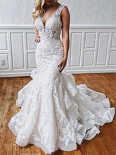 Load image into Gallery viewer, Stunning Mermaid Lace V Neck Backless Wedding Dresses Straps Wedding Gowns SJS15438