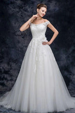 Load image into Gallery viewer, Off the Shoulder Tulle Wedding Dress with Lace Applique, A Line Long Bridal Dresses SJS15273