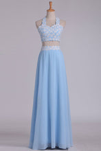 Load image into Gallery viewer, A Line Halter Two Pieces Chiffon With Applique Prom Dresses