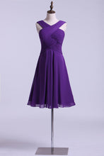 Load image into Gallery viewer, V-Neck Bridesmaid Dresses A Line Chiffon With Ruffles Knee Length