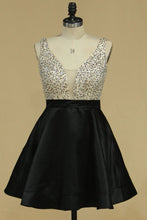 Load image into Gallery viewer, Sexy Open Back V Neck Homecoming Dresses A Line Beaded Bodice Satin