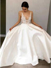 Load image into Gallery viewer, Simple A-Line Deep V Neck Satin Ivory Wedding Dress with Lace Appliques SJS15387