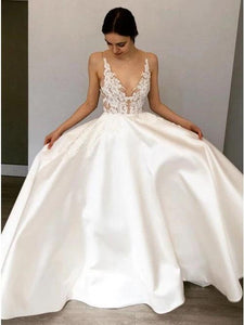 Simple A-Line Deep V Neck Satin Ivory Wedding Dress with Lace Appliques SJS15387
