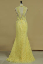 Load image into Gallery viewer, Open Back Prom Dresses V Neck With Applique And Beads Lace