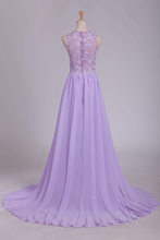 Load image into Gallery viewer, See-Through Scoop A Line Sweep Train Prom Dresses With Applique And Slit