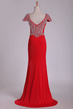 Load image into Gallery viewer, Scoop Prom Dresses  Cap Sleeves Chiffon With Beading Sweep Train