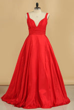 Load image into Gallery viewer, A Line Straps Open Back Taffeta Floot Length Prom Dresses