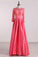 Scoop Prom Dresses 3/4 Length Sleeves Satin With Beads A Line