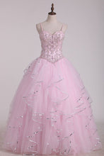 Load image into Gallery viewer, Spaghetti Strap Beaded Bodice Quinceanera Dresses Sweep Train Tulle