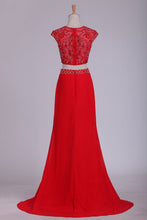 Load image into Gallery viewer, Two Pieces Scoop Prom Dresses Column Chiffon With Slit And Beads