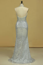 Load image into Gallery viewer, Prom Dresses Halter Sequines With Beading Open Back Sheath