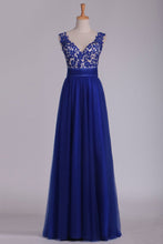 Load image into Gallery viewer, Off The Shoulder Deep V Back Prom Dresses A Line Tulle With Beading And Embroidery