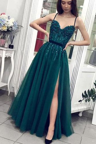 Charming A Line Green Tulle Spaghetti Straps Beading Prom Dresses V Neck Evening Dresses SJS15502