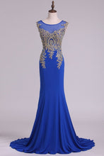 Load image into Gallery viewer, Scoop Prom Dresses Mermaid Spandex With Applique Sweep Train