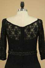 Load image into Gallery viewer, Black Mother Of The Bride Dresses 3/4 Length Sleeve A Line Chiffon Lace Sweep Train