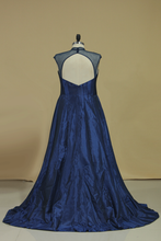 Load image into Gallery viewer, Open Back High Neck A Line Evening Dresses Taffeta Sweep Train