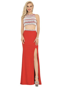 Two-Piece Scoop Prom Dresses Spandex With Beads And Slit