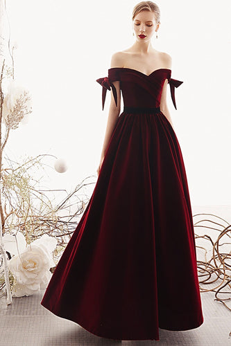 Charming A Line Long Off the Shoulder Burgundy V Neck Prom Dresses with Sweetheart SJS15089