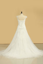 Load image into Gallery viewer, V Neck A Line Wedding Dresses Tulle With Applique Court Train