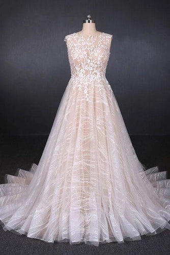 Puffy Lace Off White Wedding Dresses, Elegant A Line Backless Bridal Dresses SJS15311