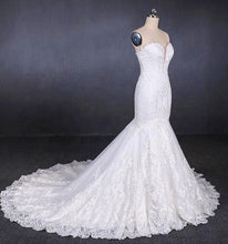 Load image into Gallery viewer, Charming Strapless Sweetheart Mermaid Lace Appliques White Wedding Dresses SJS15128