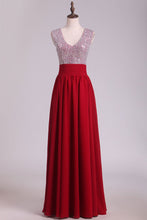 Load image into Gallery viewer, V Neck A Line Sequined Bodice Prom Dresses Chiffon Floor Length