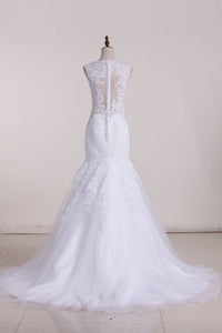 Tulle Wedding Dresses V Neck With Applique Mermaid Chapel Train