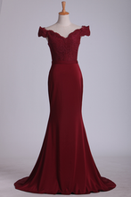 Load image into Gallery viewer, Off The Shoulder Prom Dresses Spandex Burgundy/Maroon Sweep Train With Applique