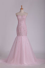 Load image into Gallery viewer, Sweetheart Prom Dresses Beaded Bodice Mermaid Sweep Train Tulle