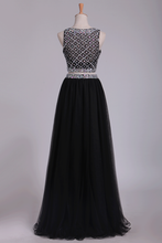 Load image into Gallery viewer, Two Pieces Prom Dress Bateau A Line Tulle With Beading Floor Length