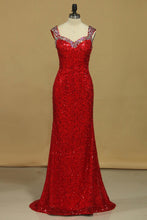 Load image into Gallery viewer, Sheath Straps Prom Dresses Sequins With Beads Floor Length