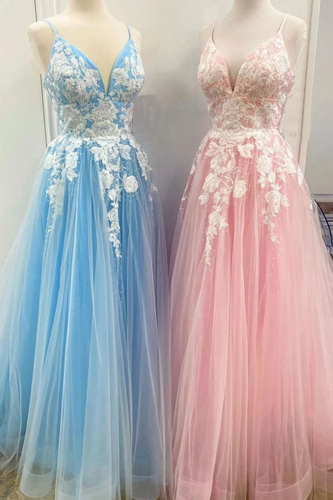New Spaghetti Strap Floor Length A Line Tulle Prom Dress With Appliques Formal SJSP3CZ9RMF