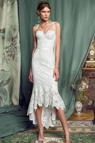 Elegant Lace Off White Sheath Prom Dresses, Lace Simple Wedding Dresses SJS15171