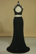 Load image into Gallery viewer, High Neck Two-Piece Spandex  Sheath With Beads And Applique Open Back Prom Dresses