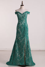 Load image into Gallery viewer, Off The Shoulder Sheath Prom Dresses Lace With Slit Sweep Train